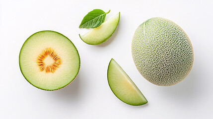 Whole Melon with Sliced Pieces Isolated on White Background