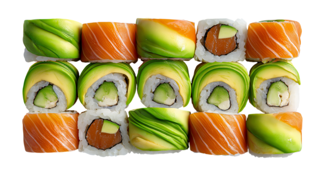 Sushi Rolls with Avocado and Salmon Overhead Flat Lay - Powered by Adobe