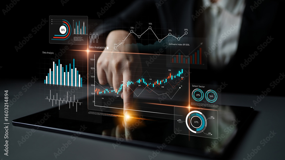 Poster data analytics dashboard with charts, indicators, and performance metrics, reveals trends, data anal
