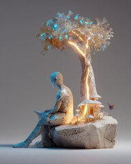 Digital Art Person Reading Under Glowing Tree 3D Render Abstract Figurative Sculpture Fantasy Scene Pixel Art Low Poly
