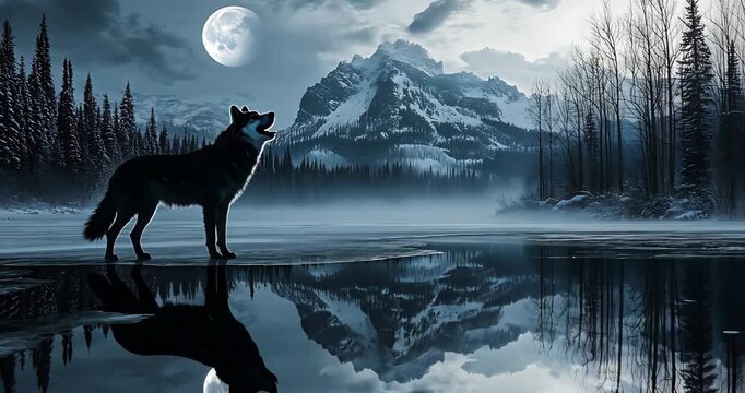A lone wolf howls at the full moon on a cold, misty winter night, its reflection mirrored in the icy lake below.