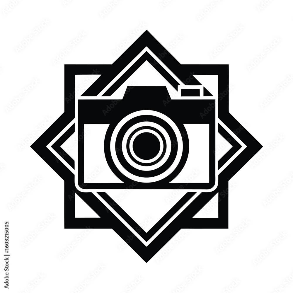 Poster minimalist camera logo within an octagonal geometric frame vector