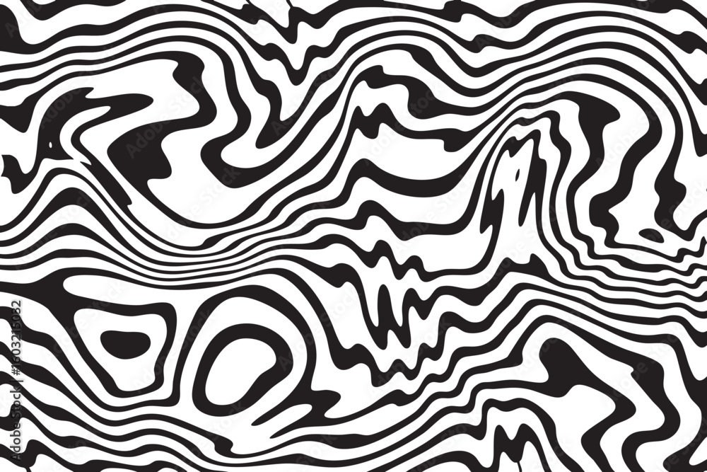 Poster abstract black and white wavy lines creating a distorted optical illusion pattern