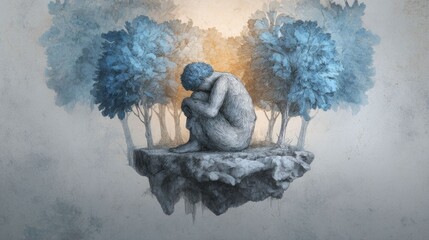 Ethereal Blue Trees Embrace Solitary Figure Surreal Art