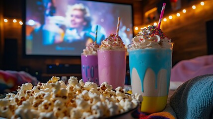 Family movie night at home with special floats in colorful glasses topped with sprinkles surrounded by popcorn bowls cozy blankets and a large screen showing a film in the background
