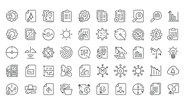 Vector art of a set of minimalist line icons representing project management data analysis and business processes