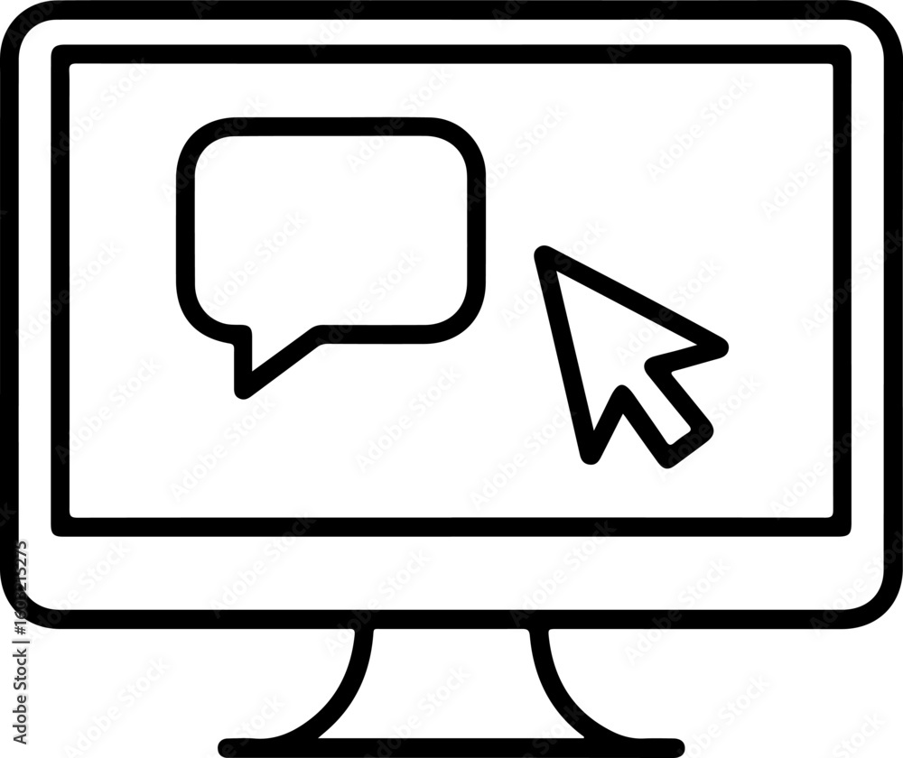 Poster computer screen with chat bubble and cursor icon representing online communication