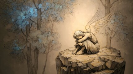 Emotional Sculpture Lonely Figure on Rock Artistic Visuals Dramatic Lighting