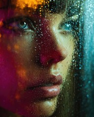 Womans Face Rain Drops Colorful Lights CloseUp Portrait Photography Moody Atmosphere Artistic Expression