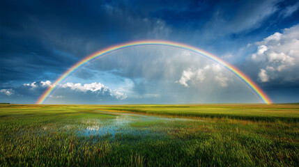 Vibrant rainbow over serene green fields nature photography open landscape captivating viewpoint tranquil environment