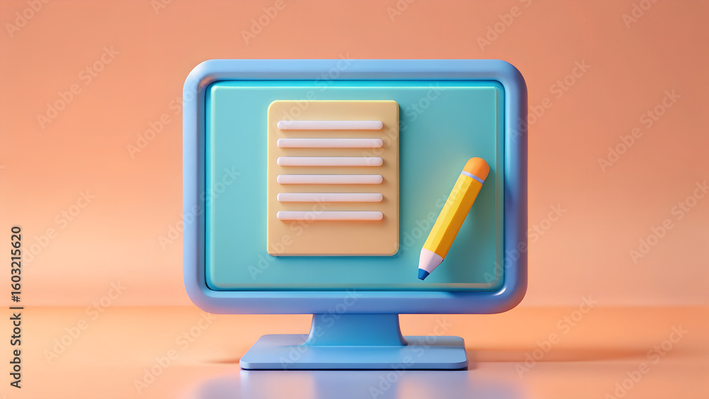 Fototapete A 3d rendered computer monitor displays a document with a list, accompanied by a yellow pencil, suggesting digital work or notetaking