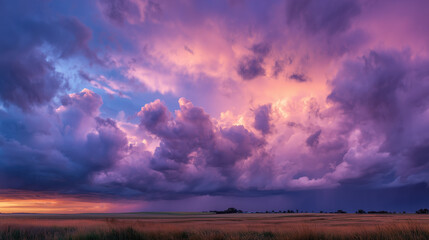 Dramatic sunset clouds over open fields nature photography vibrant skies tranquil landscape wide-angle view atmospheric beauty