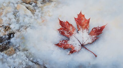 Red and white maple leaf gently resting on untouched snow