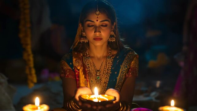 Woman in sari praying in indian temple standing in front of burning oil lamps during diwali festival, sacred atmosphere of diwali festival