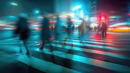 Vibrant City Nightscape Blurry Motion of Urban Pedestrians