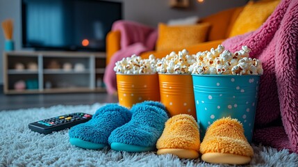 Family movie night setup with colorful slippers for kids and adults popcorn buckets blankets and a TV remote creating a cozy entertainment corner