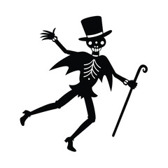 Skeleton in dancing pose with top hat and cane