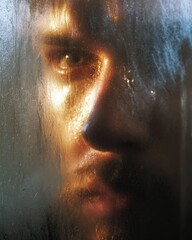 Closeup Portrait Mans Face Behind Wet Glass Dramatic Lighting Emotional Expression