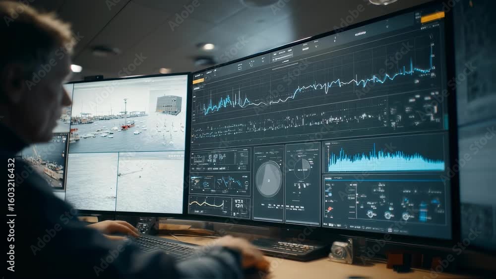 Aufkleber monitoring energy production in an industrial control room, an operator utilizes a software interfac