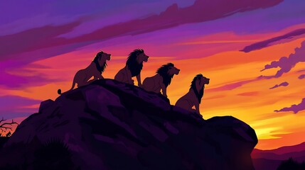 Family of lions lounging atop a rocky hill at dusk their silhouettes framed by a vibrant orange and purple sky each lion in a different relaxed pose as they watch the fading light