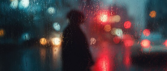 Rainy Night Cityscape Silhouette in Urban Lights