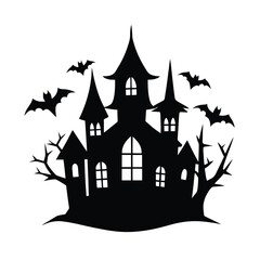 Haunted house silhouette with crooked towers, glowing window cutouts, flying bats,