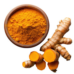 Fresh turmeric root and powder in wooden bowl on white background studio shot