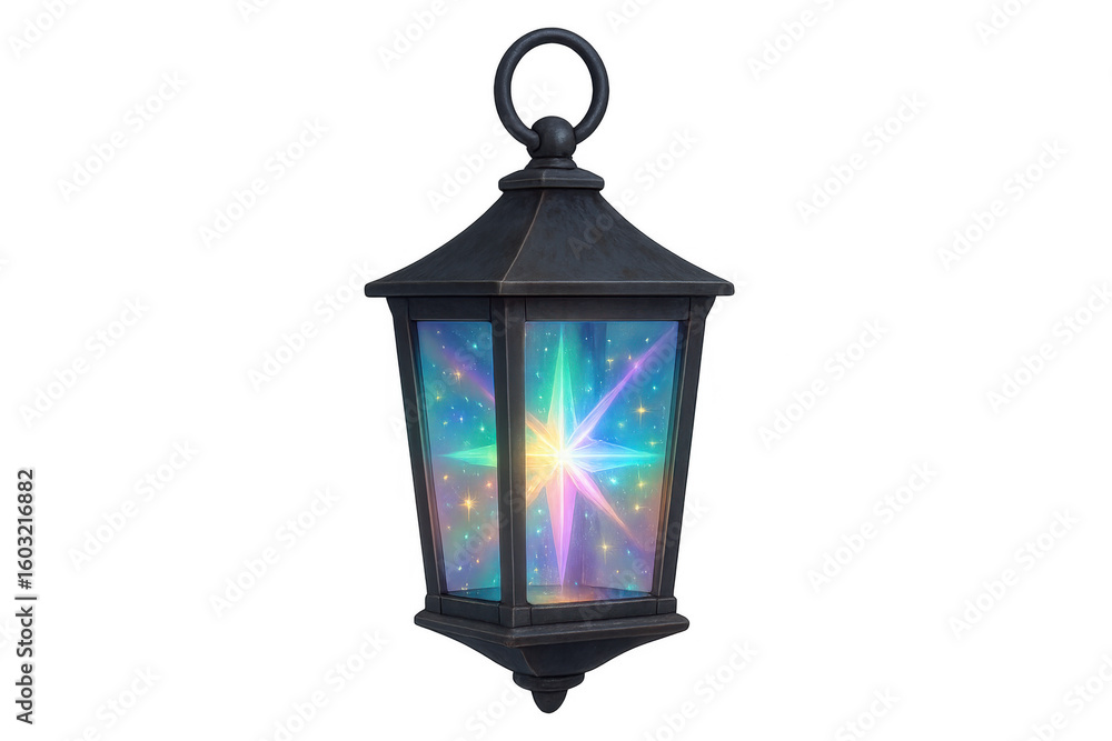 Poster metallic lantern casting star-shaped luminescence, glowing with ethereal radiance on translucent bac