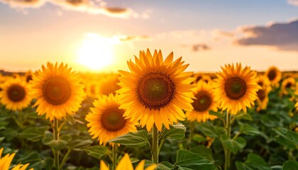 Radiant Sunflower Field at Sunset: A Captivating Summer Landscape Experience