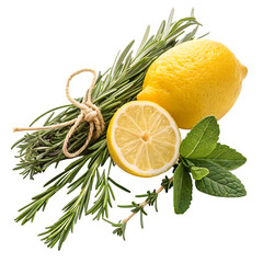 A fresh lemon and rosemary arrangement isolated on transparent background showcases natural culinary ingredients