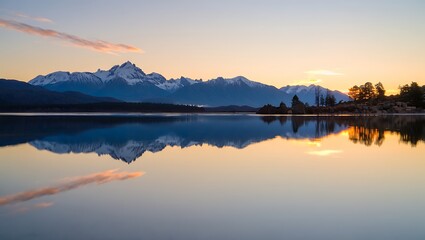 Fototapeta premium Majestic mountain range reflected in calm lake at sunrise