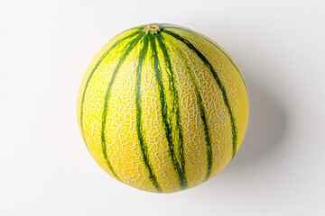 Yellow and Green Striped Melon Isolated on White Background Exotic Summer Fruit Image