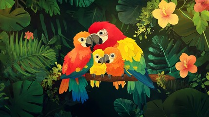 Family of parrots huddled together on a branch each with brightly colored feathers surrounded by green foliage and tropical flowers creating a warm and cozy family scene in the jungle