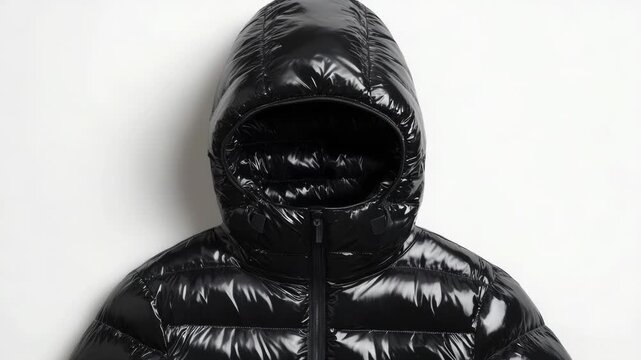 Close-up shot of a black hooded jacket with a distinctive design or pattern