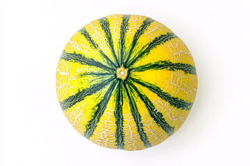 Yellow and Green Striped Melon Isolated on White Background Exotic Summer Fruit Image