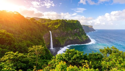Lush waterfall cascading into ocean