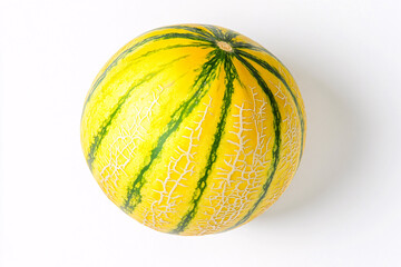Yellow and Green Striped Melon Isolated on White Background Exotic Summer Fruit Image