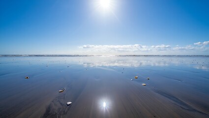 Bright sun reflecting on a wet sandy beach with gentle waves