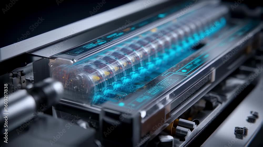 Poster complex technological device with transparent casing revealing intricate components and energy flow,