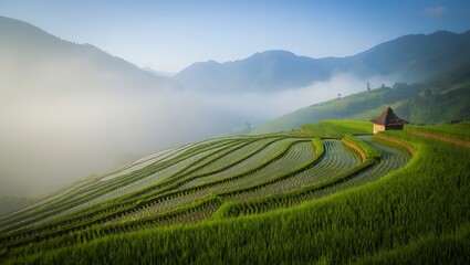 Fototapeta premium Misty mountain rice terraces with a small hut