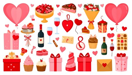 Romantic valentine's day illustration featuring hearts, gifts, sweets and drinks on white backdrop