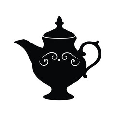 Ornate black teapot silhouette with swirling details