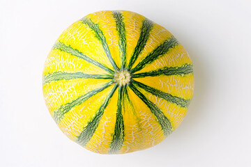 Yellow and Green Striped Melon Isolated on White Background Exotic Summer Fruit Image