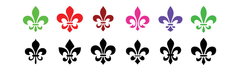 Ornate fleur de lis symbols in vibrant colors and black ornamental decorative