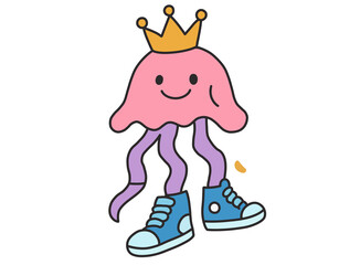 Cute Cartoon Jellyfish Wearing Crown and Sneakers – Kawaii Royal Sea Illustration

