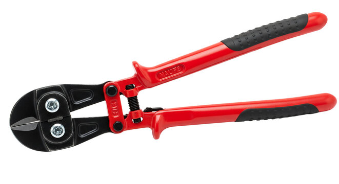 Red bolt cutter heavy duty wire cable chain lock cutters cutting tool industrial equipment for metalwork isolated on transparent background