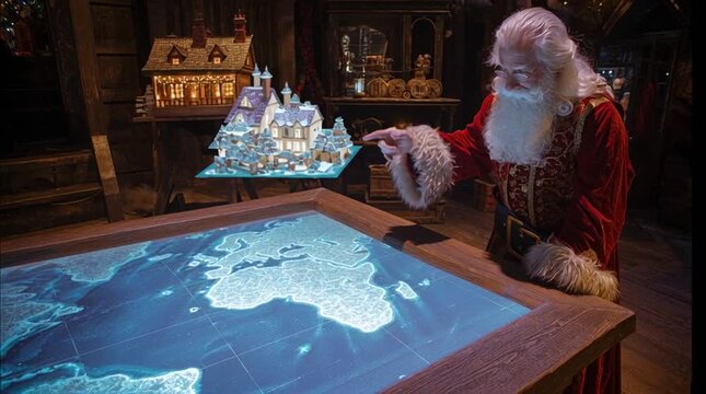 Santa Claus stands over a massive wooden table with a glowing magical map, touching a spot as a miniature holographic child appears, cinematic and festive Christmas scene.