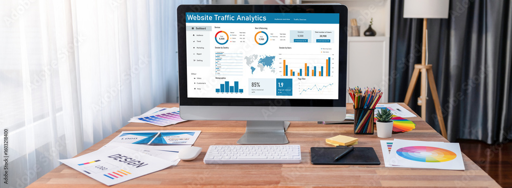 Poster computer software for website traffic analytics data on computer screen. concept of seo search engin