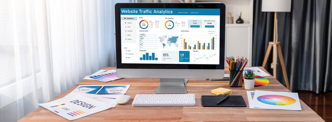 Computer software for website traffic analytics data on computer screen. Concept of SEO search...