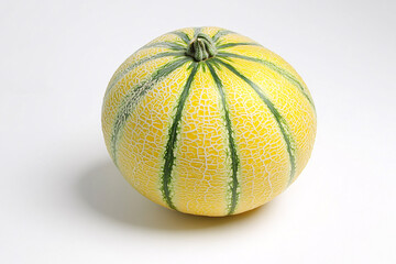 Yellow and Green Striped Melon Isolated on White Background Exotic Summer Fruit Image